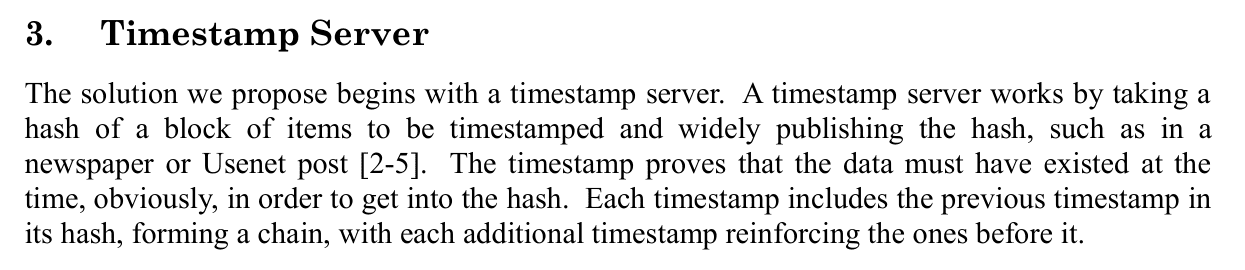 หัวข้อ 3 Timestamp Server ในเอกสาร Bitcoin ที่อธิบายการประทับเวลาด้วยค่า hash และอ้างถึงรายการอ้างอิงที่ 2 ถึง 5