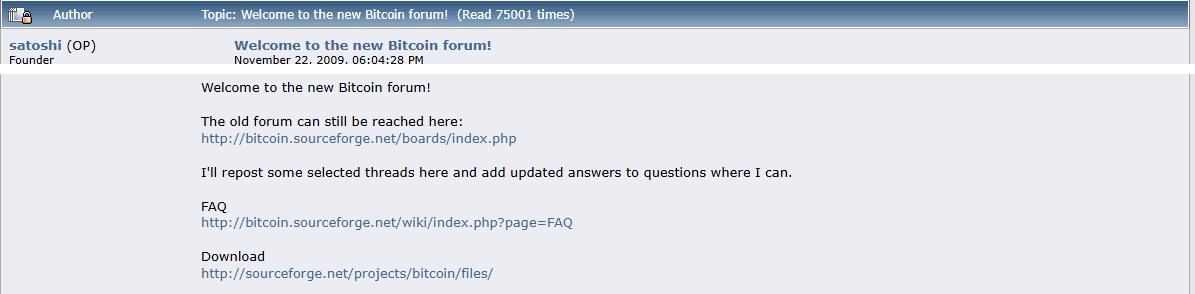 กระทู้แรกของเว็บบอร์ด BitcoinTalk ที่ตั้งไว้เมื่อปี 2009