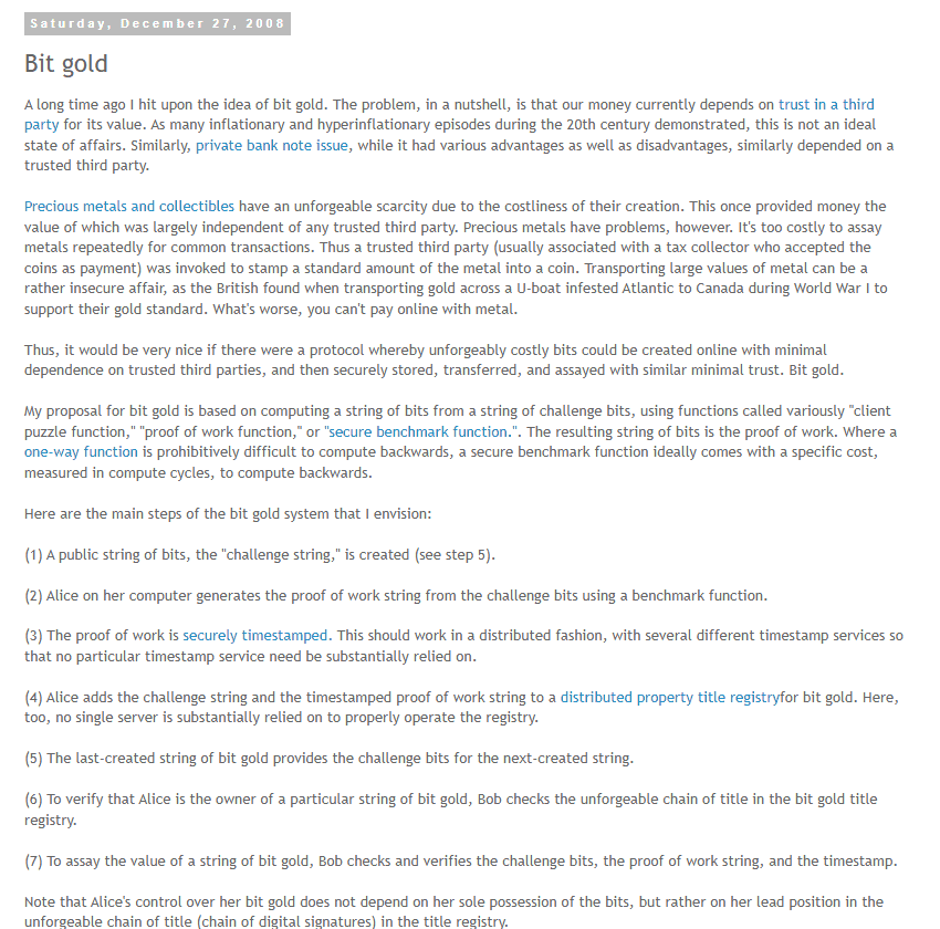 โพสต์ Bit Gold บนบล็อก Unenumerated ของ Nick Szabo