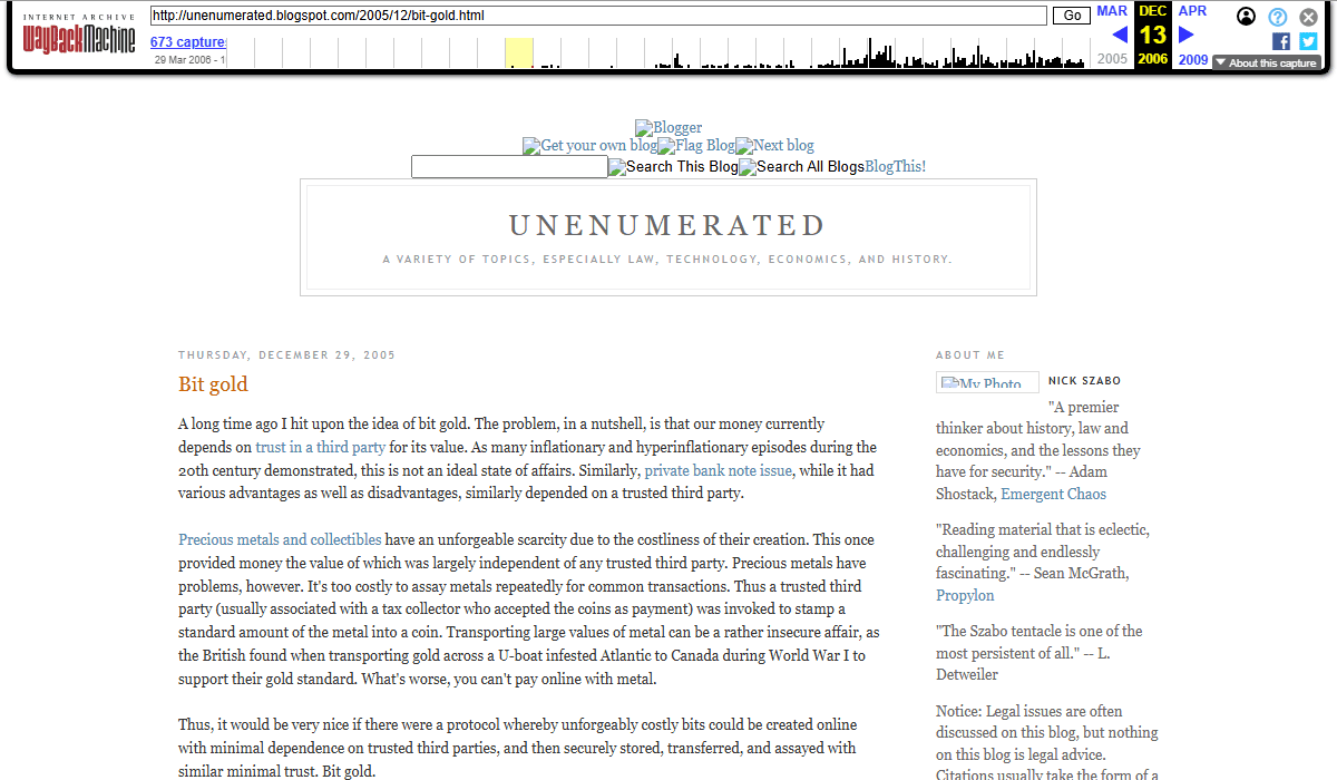 สำเนาโพสต์ Bit Gold ใน Internet Archive เมื่อวันที่ 29 มีนาคม 2006