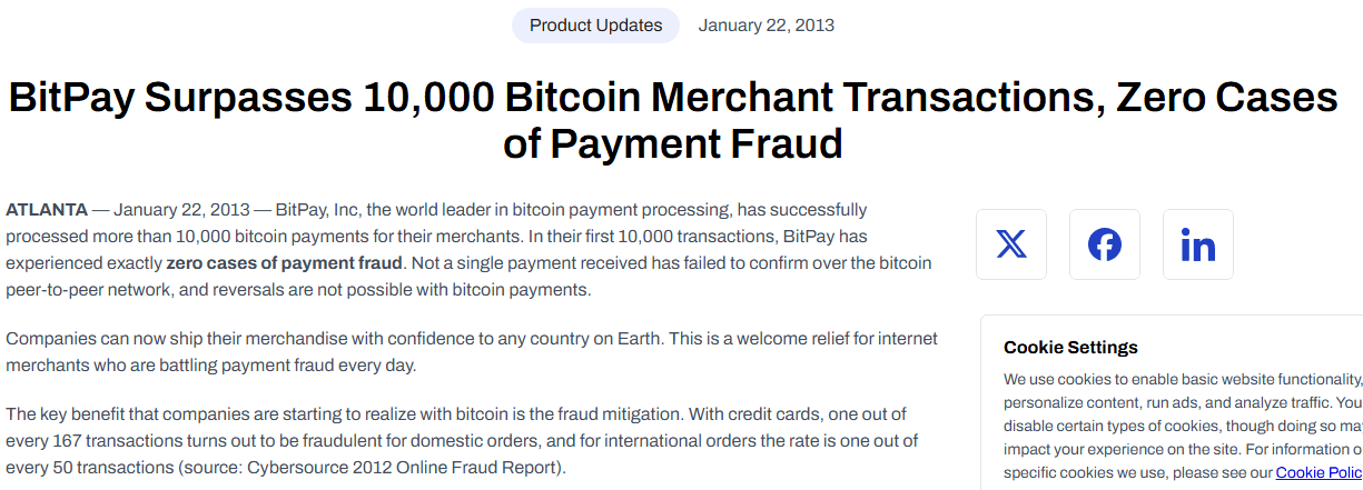ประกาศของ BitPay วันที่ 22 มกราคม 2013 ว่าประมวลผลครบหมื่นธุรกรรมโดยไม่มีเคสฉ้อโกง