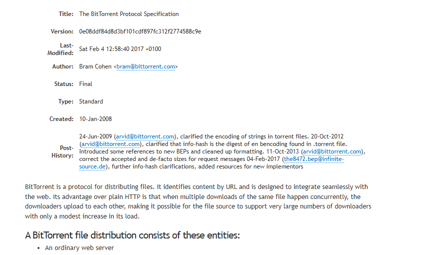 เอกสาร BEP 3 สเปกโปรโตคอล BitTorrent ผู้เขียน Bram Cohen สถานะ Final