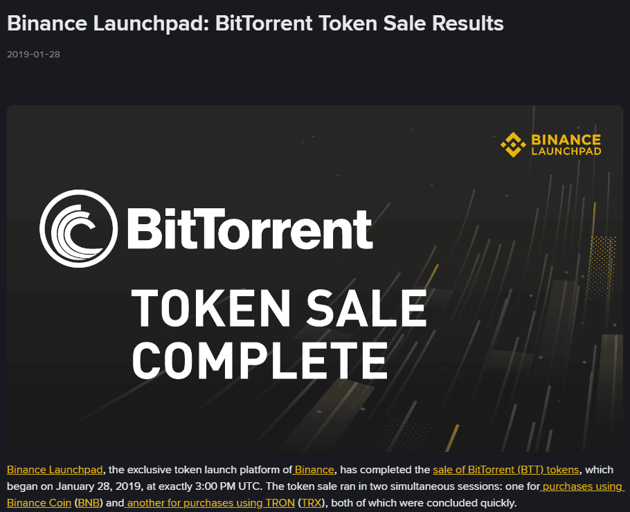 ประกาศผลการขายเหรียญ BTT บน Binance Launchpad 28 มกราคม 2019