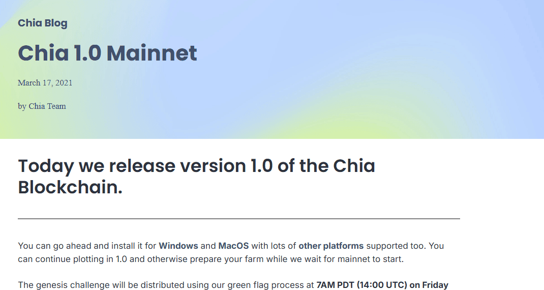 ประกาศ Chia 1.0 Mainnet ของ Chia Network บริษัทของ Bram Cohen 17 มีนาคม 2021