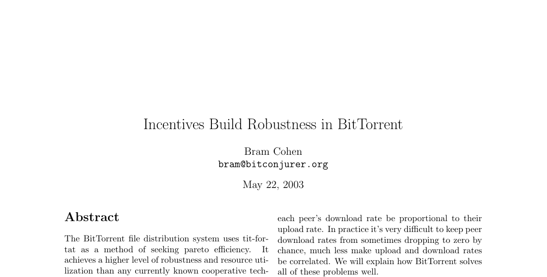 เอกสาร Incentives Build Robustness in BitTorrent ของ Bram Cohen ลงวันที่ 22 พฤษภาคม 2003