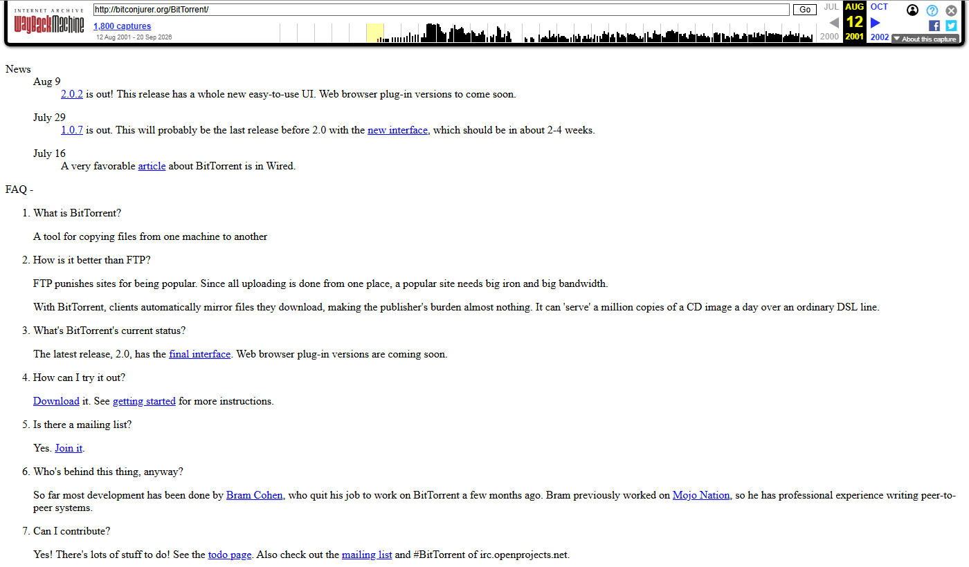 หน้าเว็บ BitTorrent บน bitconjurer.org เดือนสิงหาคม 2001 พร้อม FAQ ว่า FTP ลงโทษเว็บที่ได้รับความนิยม