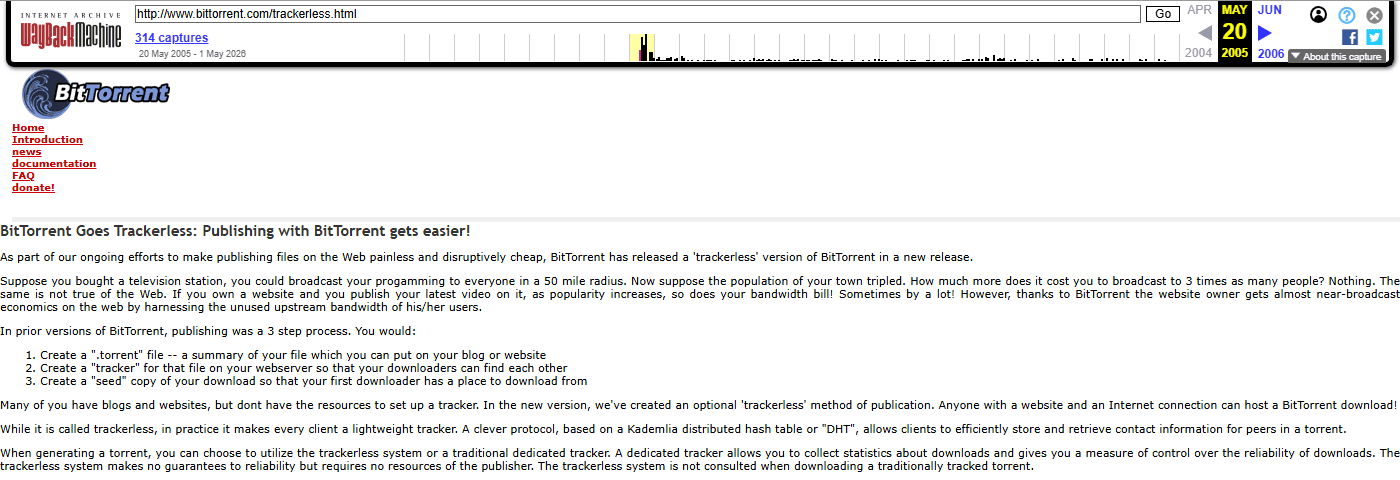 ประกาศ BitTorrent Goes Trackerless ใช้ DHT แบบ Kademlia พฤษภาคม 2005