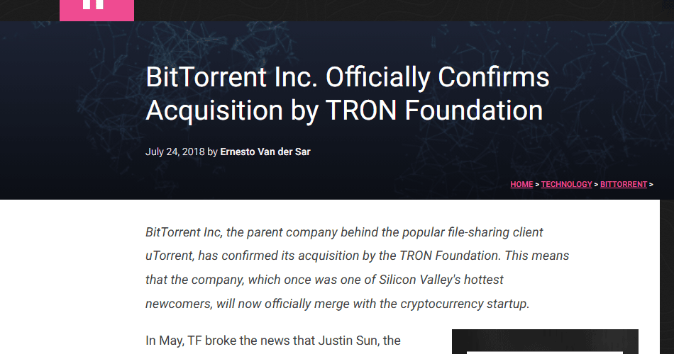 ข่าว BitTorrent Inc. ยืนยันการถูกซื้อกิจการโดย TRON Foundation 24 กรกฎาคม 2018