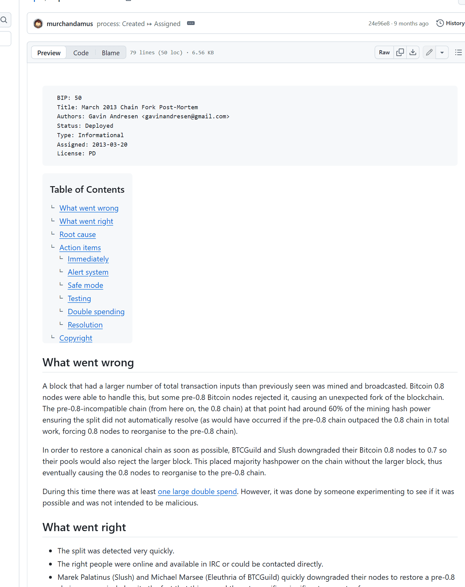 สกรีนช็อตหน้า BIP-50 บน GitHub เอกสาร post-mortem ของเหตุการณ์ Bitcoin แยกสายเดือนมีนาคม 2013