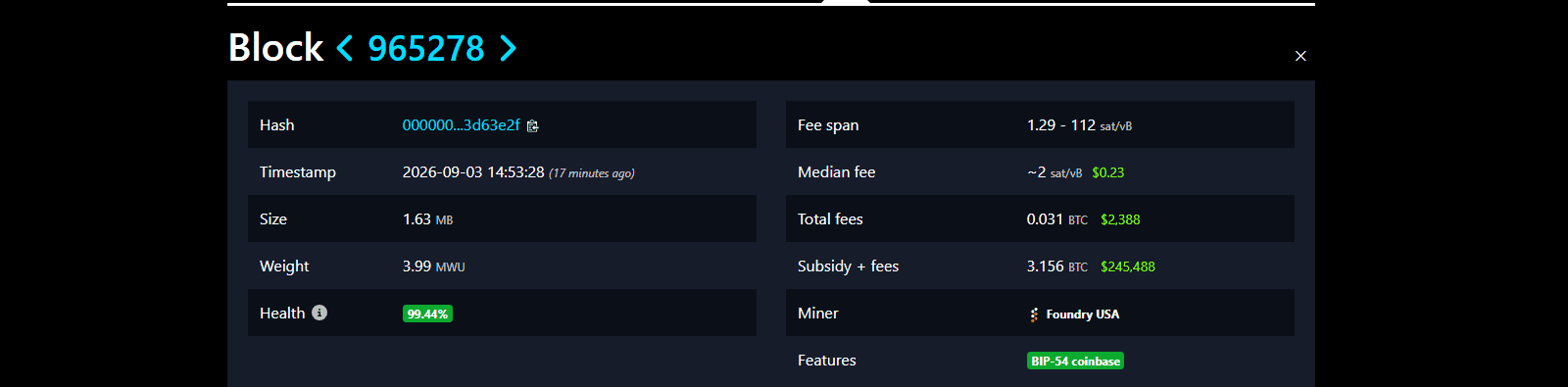 สกรีนช็อตจริงหน้ารายละเอียดบล็อก แสดง Block Height และ Mining Pool ที่ขุดได้