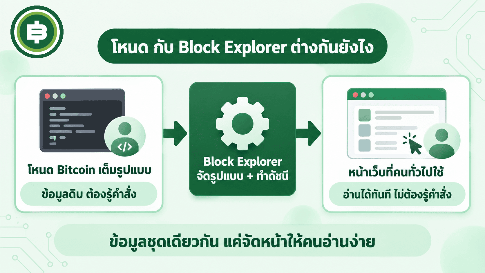 ไดอะแกรมแสดงโหนด Bitcoin ที่เก็บข้อมูลดิบต้องใช้คำสั่ง และ Block Explorer ที่นำข้อมูลชุดเดียวกันมาจัดเป็นหน้าเว็บให้คนทั่วไปอ่านได้ทันที