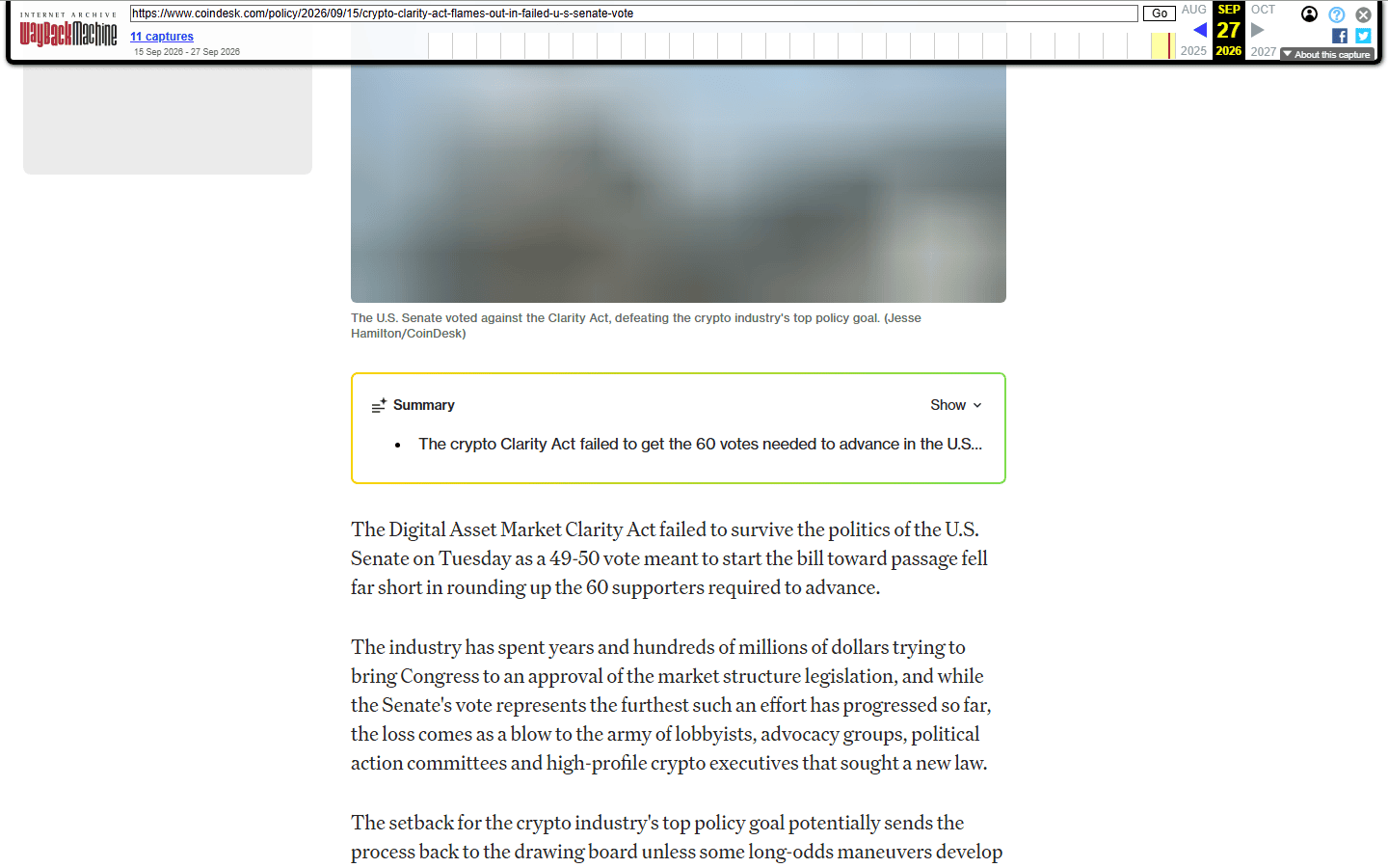ข่าว CoinDesk ร่าง Clarity Act ไม่ผ่านการโหวตในวุฒิสภาสหรัฐ