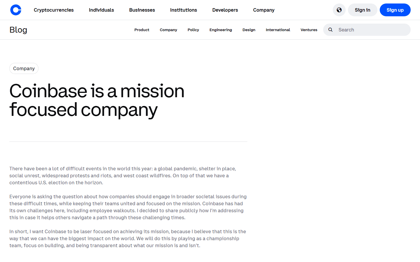 บล็อก Coinbase is a Mission Focused Company ของ Brian Armstrong ปี 2020