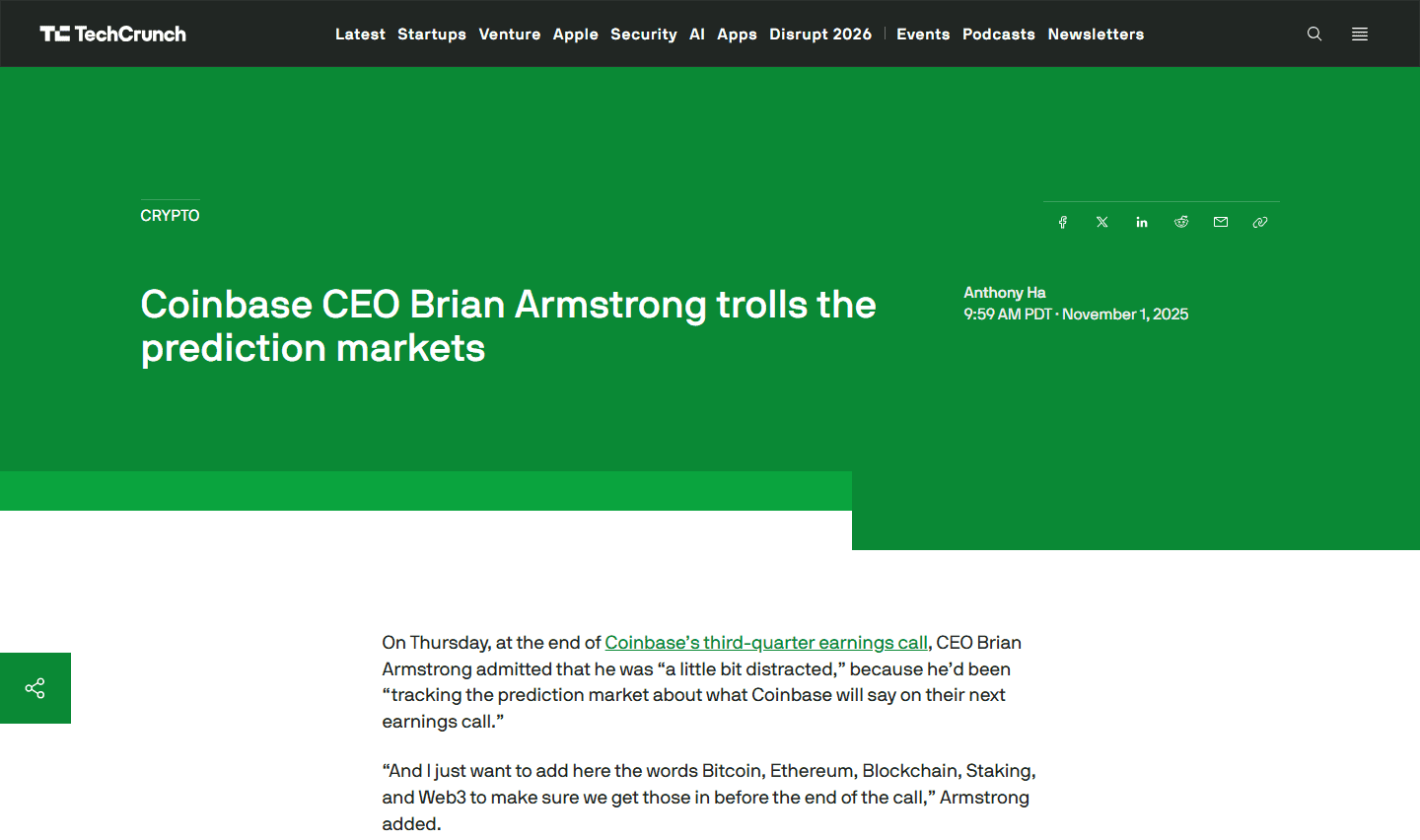 ข่าว TechCrunch เรื่อง Brian Armstrong พูดคำที่ตรงกับตลาดคาดการณ์ในงานแถลงผลประกอบการ
