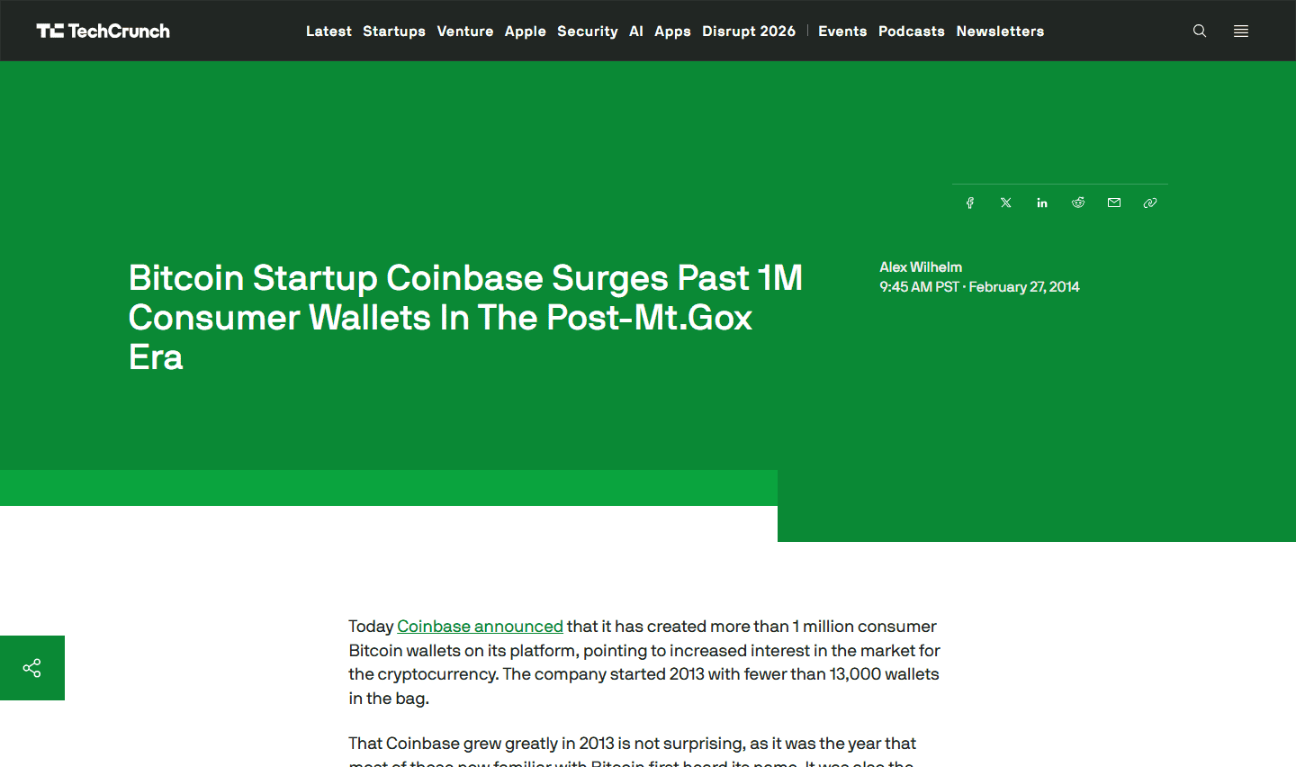 ข่าว TechCrunch ปี 2014 Coinbase มีผู้ใช้เกิน 1 ล้านกระเป๋า