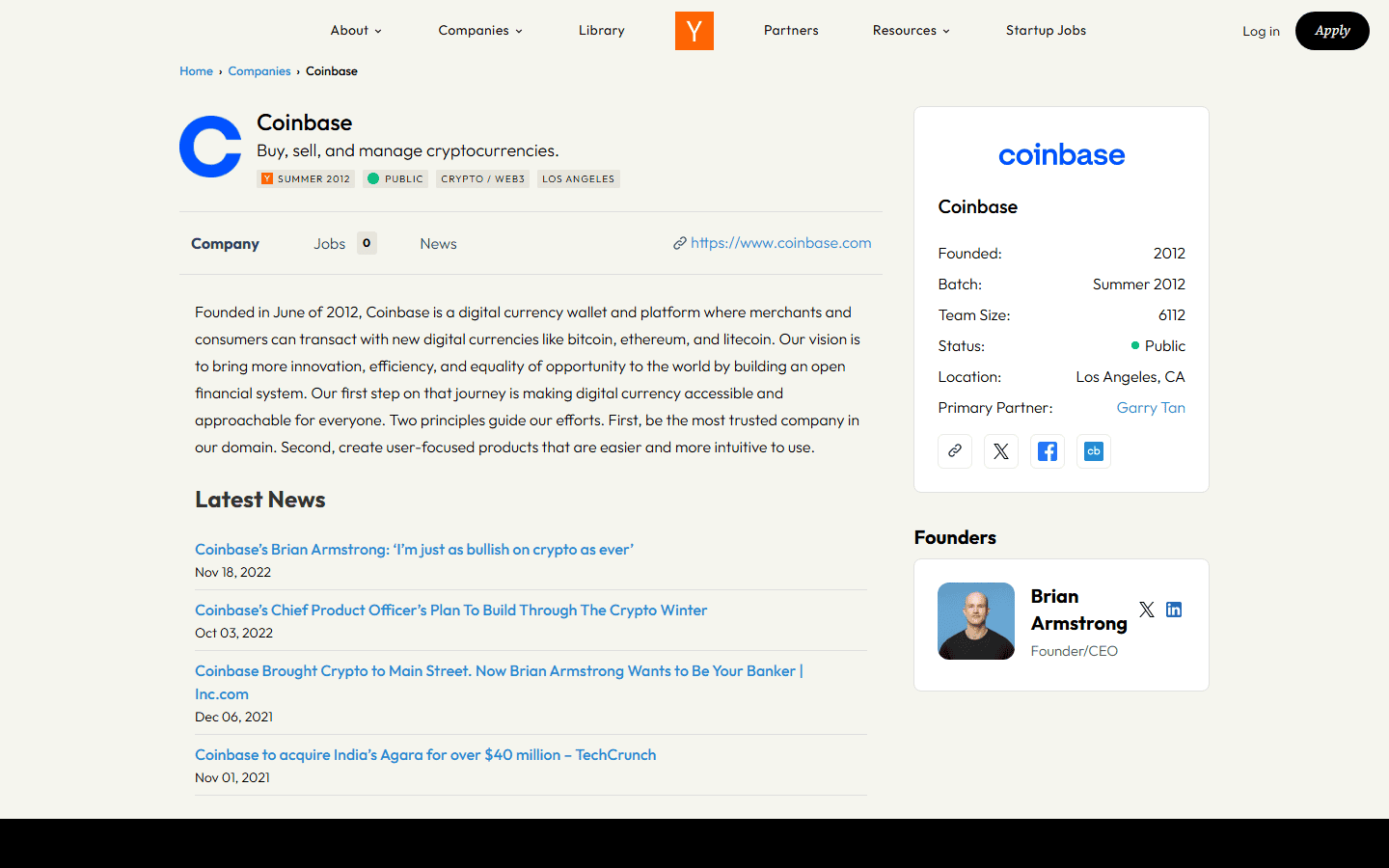 หน้าบริษัท Coinbase บนเว็บ Y Combinator ระบุรุ่น Summer 2012