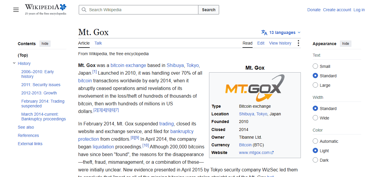 หน้า Wikipedia ของ Mt. Gox เว็บเทรด Bitcoin ที่ล่มปี 2014 ยืนยันข้อมูลก่อตั้งและปิดตัว