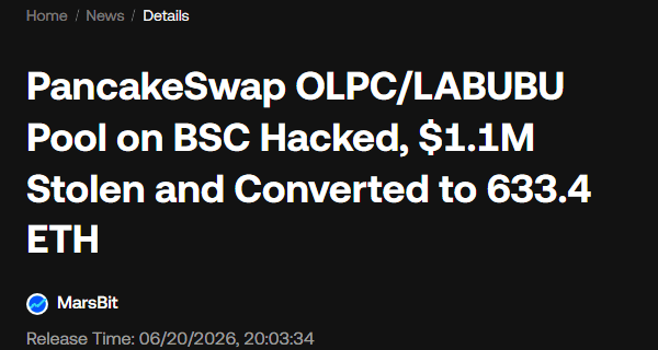 ข่าว KuCoin รายงานพูล OLPC/LABUBU บน PancakeSwap ถูกแฮกสูญเงิน $1.1M แปลงเป็น 633.4 ETH เดือนมิถุนายน 2026