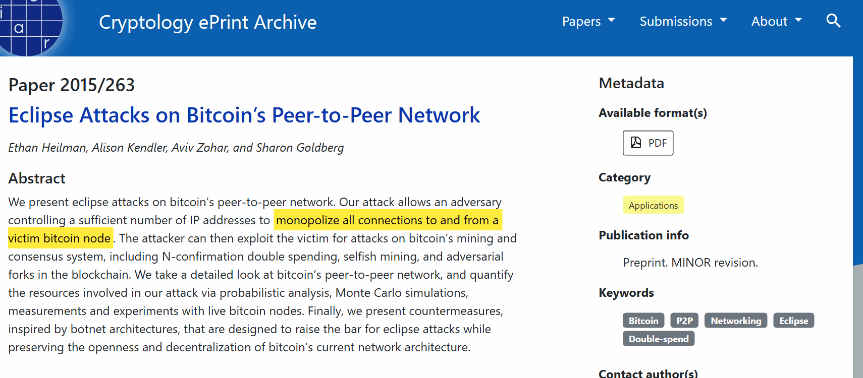 หน้างานวิจัย Eclipse Attacks on Bitcoin's Peer-to-Peer Network ปี 2015 ที่ IACR ePrint Archive พร้อมบทคัดย่อ