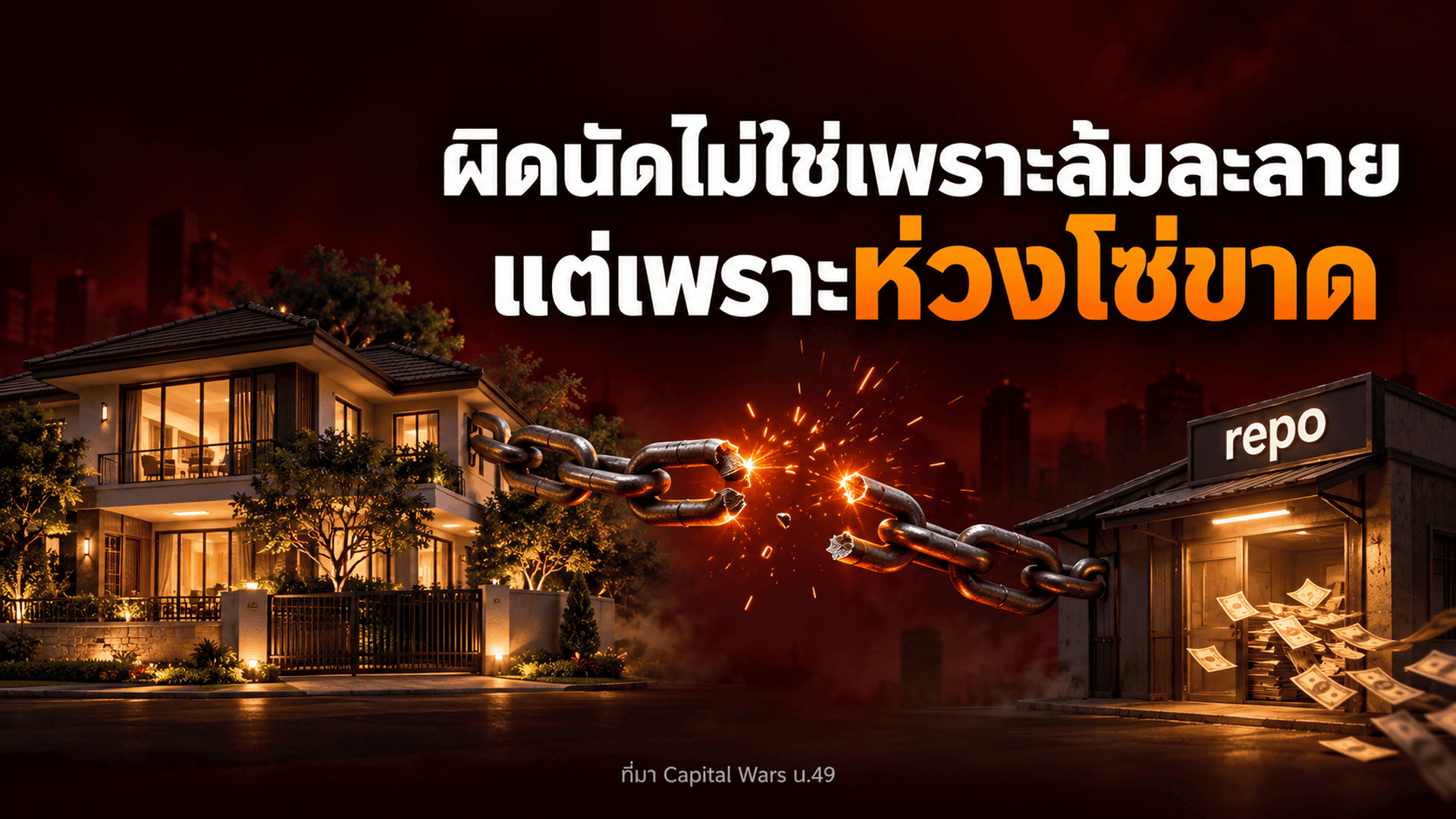 ภาพประกอบบ้านหรูกับโซ่ที่ขาดหน้าร้านรับจำนำ repo ข้อความผิดนัดไม่ใช่เพราะล้มละลาย แต่เพราะห่วงโซ่ขาด
