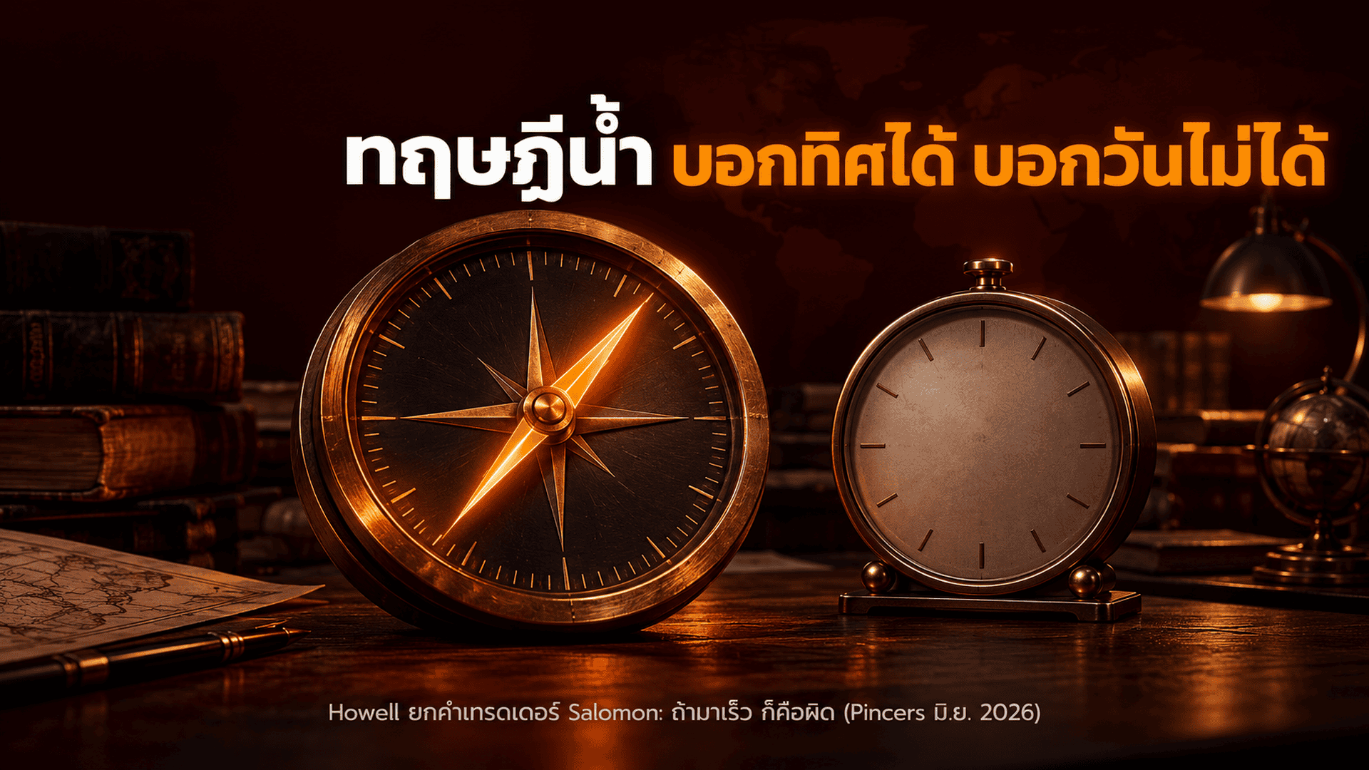 ภาพประกอบเข็มทิศคู่นาฬิกาที่ไม่มีเข็ม ข้อความทฤษฎีน้ำบอกทิศได้ บอกวันไม่ได้
