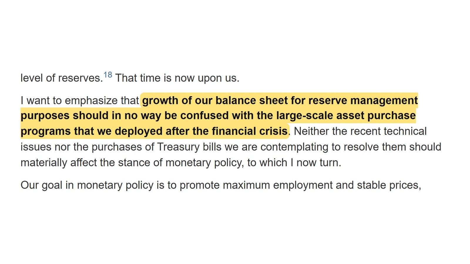 หน้าสุนทรพจน์ของ Jerome Powell บนเว็บไซต์ Federal Reserve วันที่ 8 ต.ค. 2019 ข้อความที่ไฮไลต์ระบุว่าการขยายงบดุลเพื่อบริหารเงินสำรองไม่ควรถูกสับสนกับโครงการซื้อสินทรัพย์ขนาดใหญ่หลังวิกฤตการเงิน
