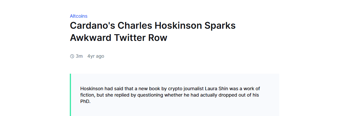 บทความ CoinMarketCap Academy เรื่อง Hoskinson โต้เถียงกับนักข่าว Laura Shin บน Twitter