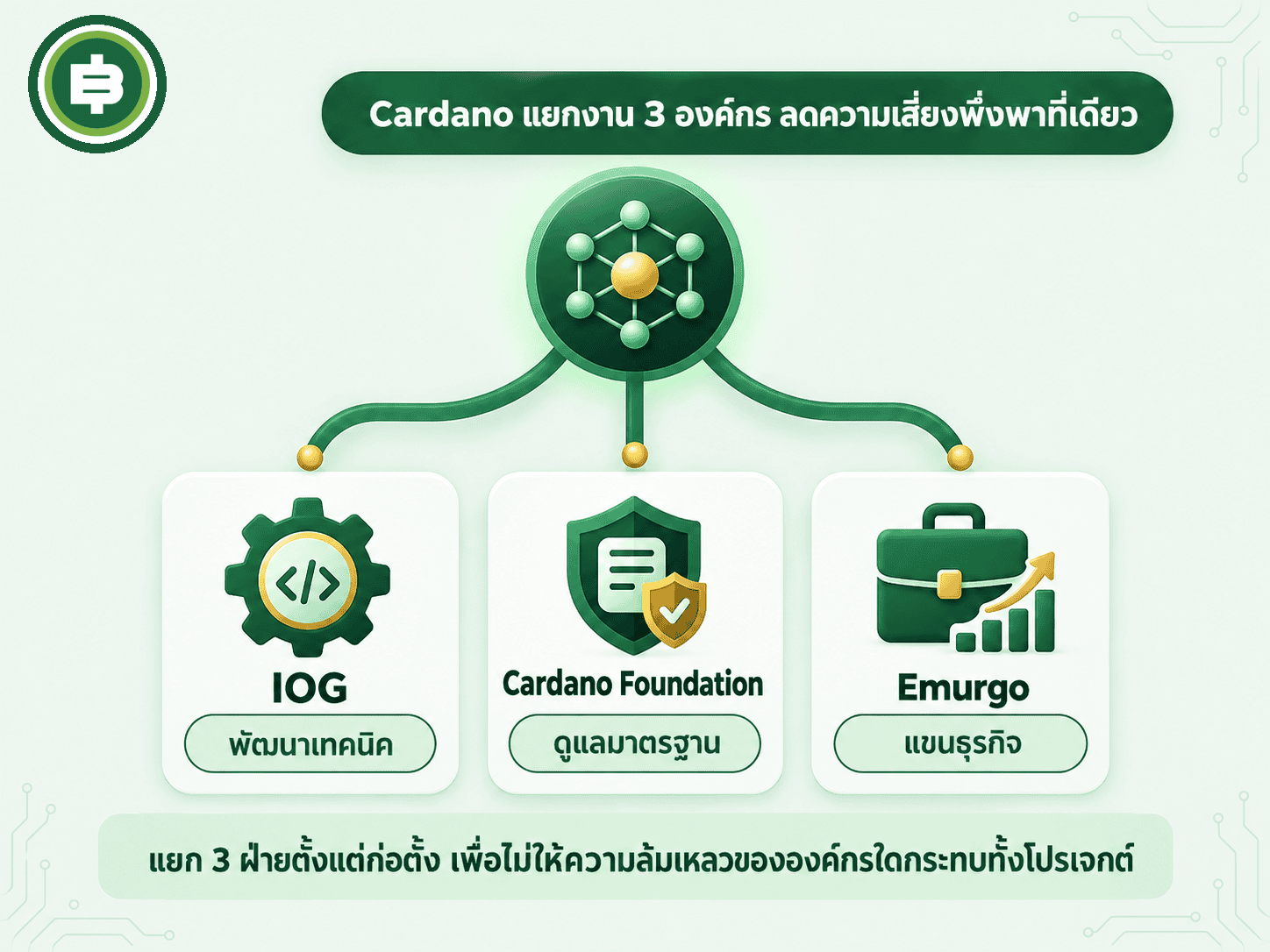 Cardano แยกงาน 3 องค์กร: IOG พัฒนาเทคนิค, Cardano Foundation ดูแลมาตรฐาน, Emurgo แขนธุรกิจ