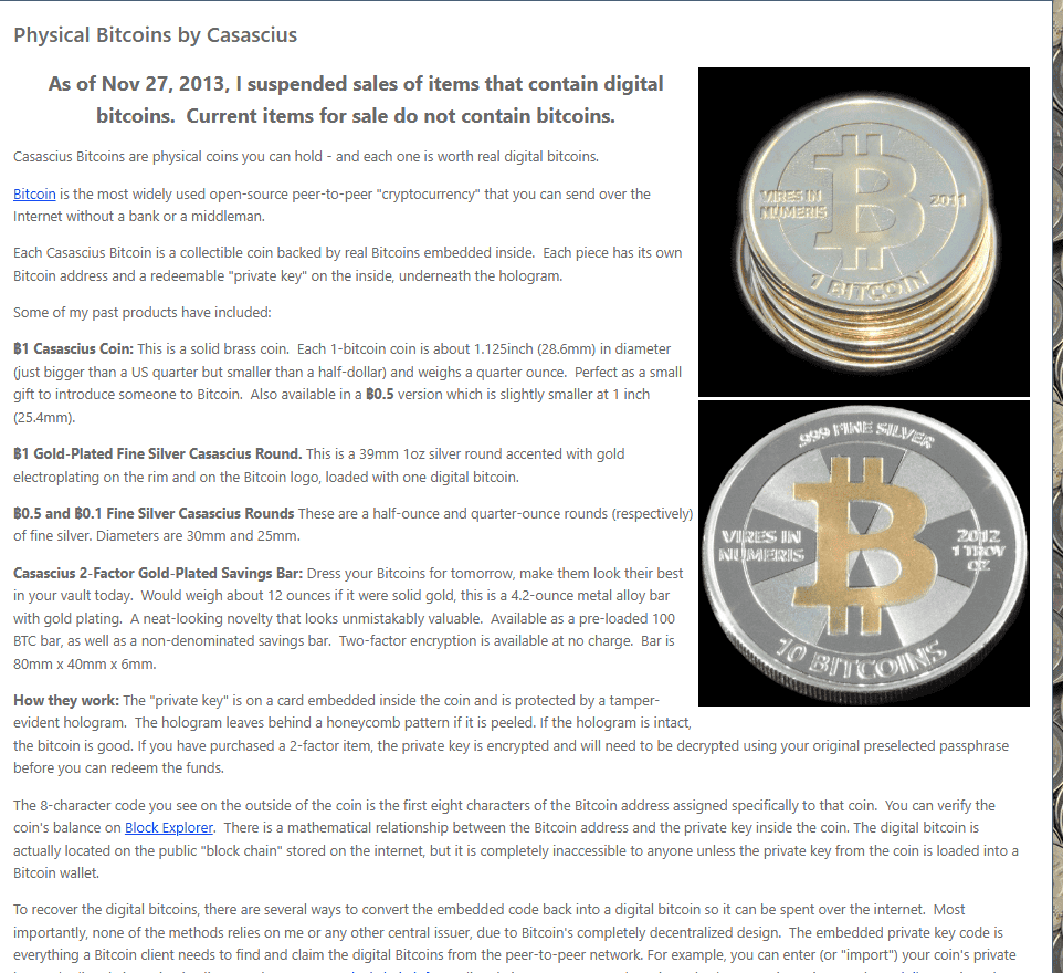 หน้าเว็บ casascius.com ประกาศหยุดขายเหรียญที่มี Bitcoin ตั้งแต่ 27 พฤศจิกายน 2013