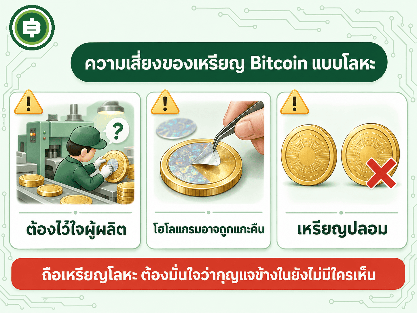 ความเสี่ยงของ Bitcoin แบบจับต้องได้ ต้องไว้ใจผู้ผลิต โฮโลแกรมถูกแกะคืนได้ และเหรียญปลอม