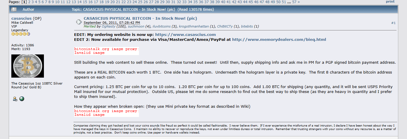 กระทู้ CASASCIUS PHYSICAL BITCOIN - In Stock Now! ของ Mike Caldwell บน bitcointalk 6 กันยายน 2011