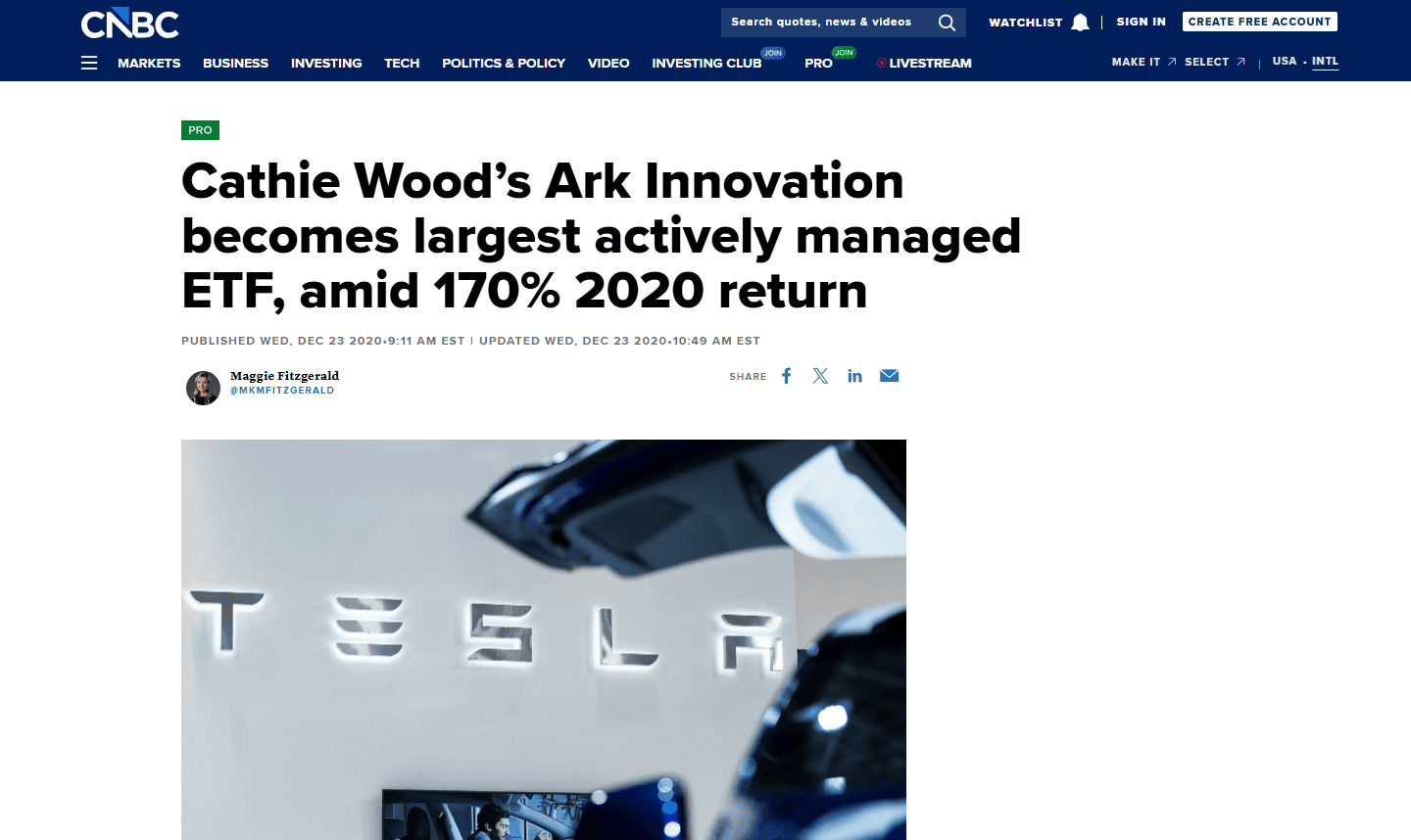 ข่าว CNBC ธันวาคม 2020 ARK Innovation กลายเป็น ETF เชิงรุกที่ใหญ่ที่สุด