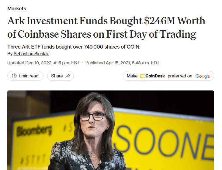 ข่าว CoinDesk ARK ซื้อหุ้น Coinbase 246 ล้านดอลลาร์ในวันแรกที่เข้าตลาด