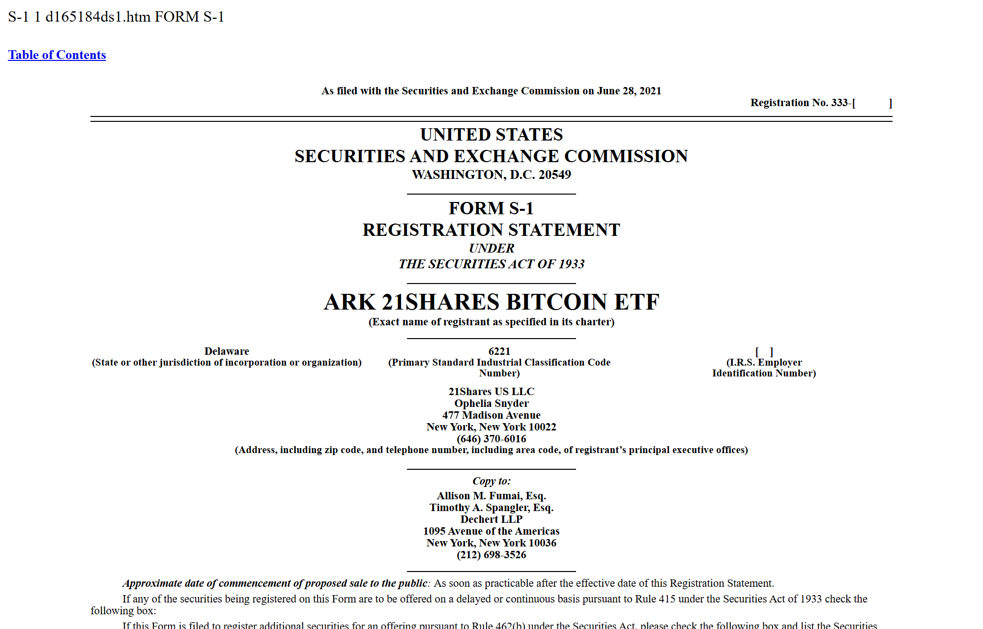 หน้าปกเอกสาร S-1 ของ ARK 21Shares Bitcoin ETF ที่ยื่น SEC มิถุนายน 2021
