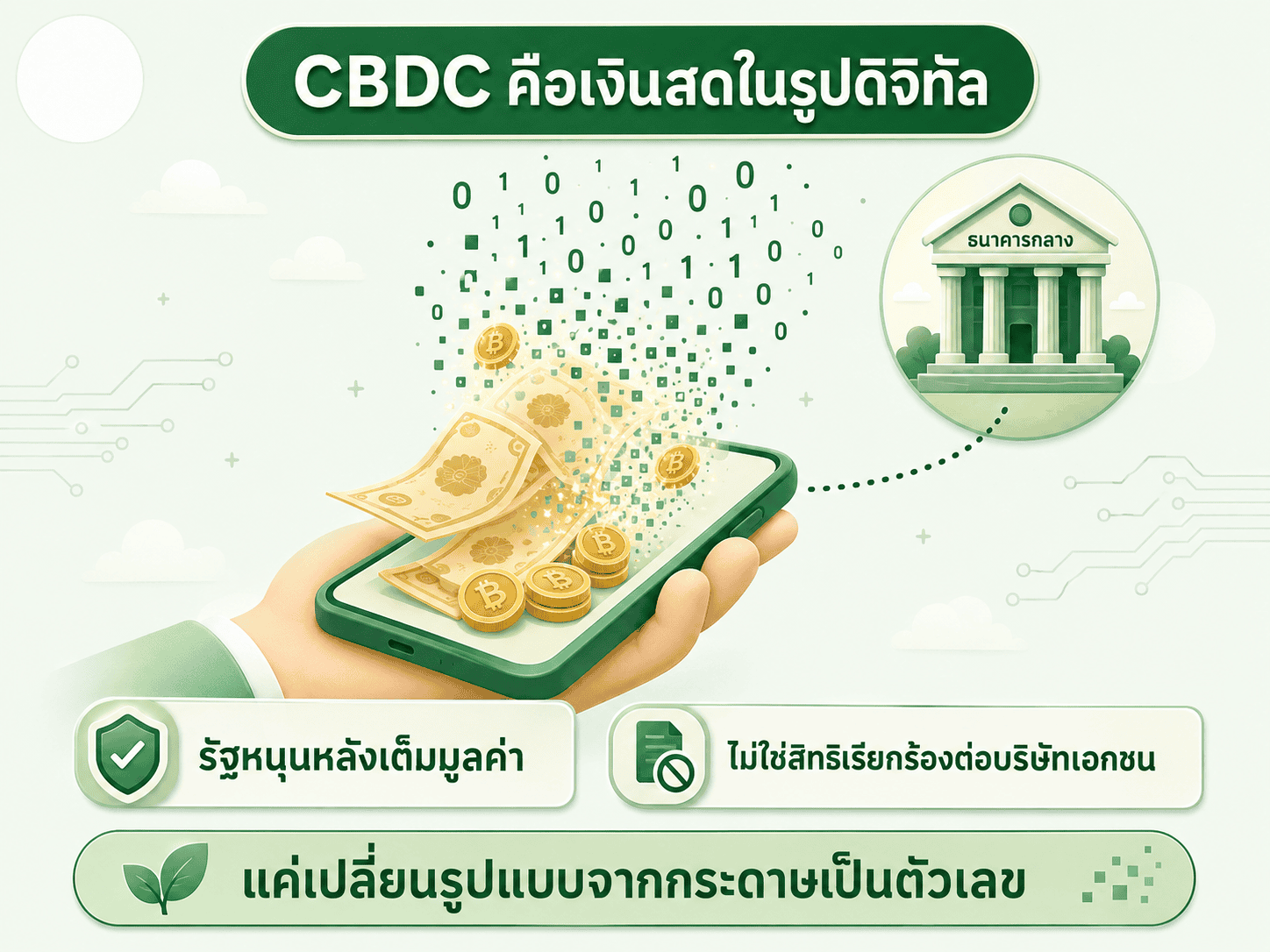 สื่อความหมายว่า CBDC คือเงินสดในรูปแบบดิจิทัลที่รัฐหนุนหลังเต็มมูลค่าเหมือนธนบัตรจริง ไม่ใช่สิทธิเรียกร้องต่อบริษัทเอกชนแบบเงินในกระเป๋าเงินอิเล็กทรอนิกส์ทั่วไป