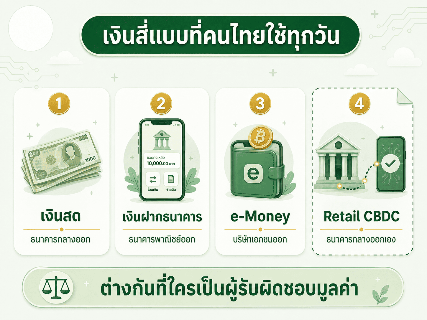 เปรียบเทียบผู้ออกเงินสี่รูปแบบที่คนไทยใช้ในชีวิตประจำวัน ตั้งแต่เงินสด เงินฝากธนาคาร e-Money ไปจนถึง Retail CBDC เพื่อให้เห็นว่า CBDC ต่างจากเงินดิจิทัลที่ใช้อยู่แล้วตรงที่ใครเป็นผู้รับผิดชอบมูลค่าให้จริงๆ
