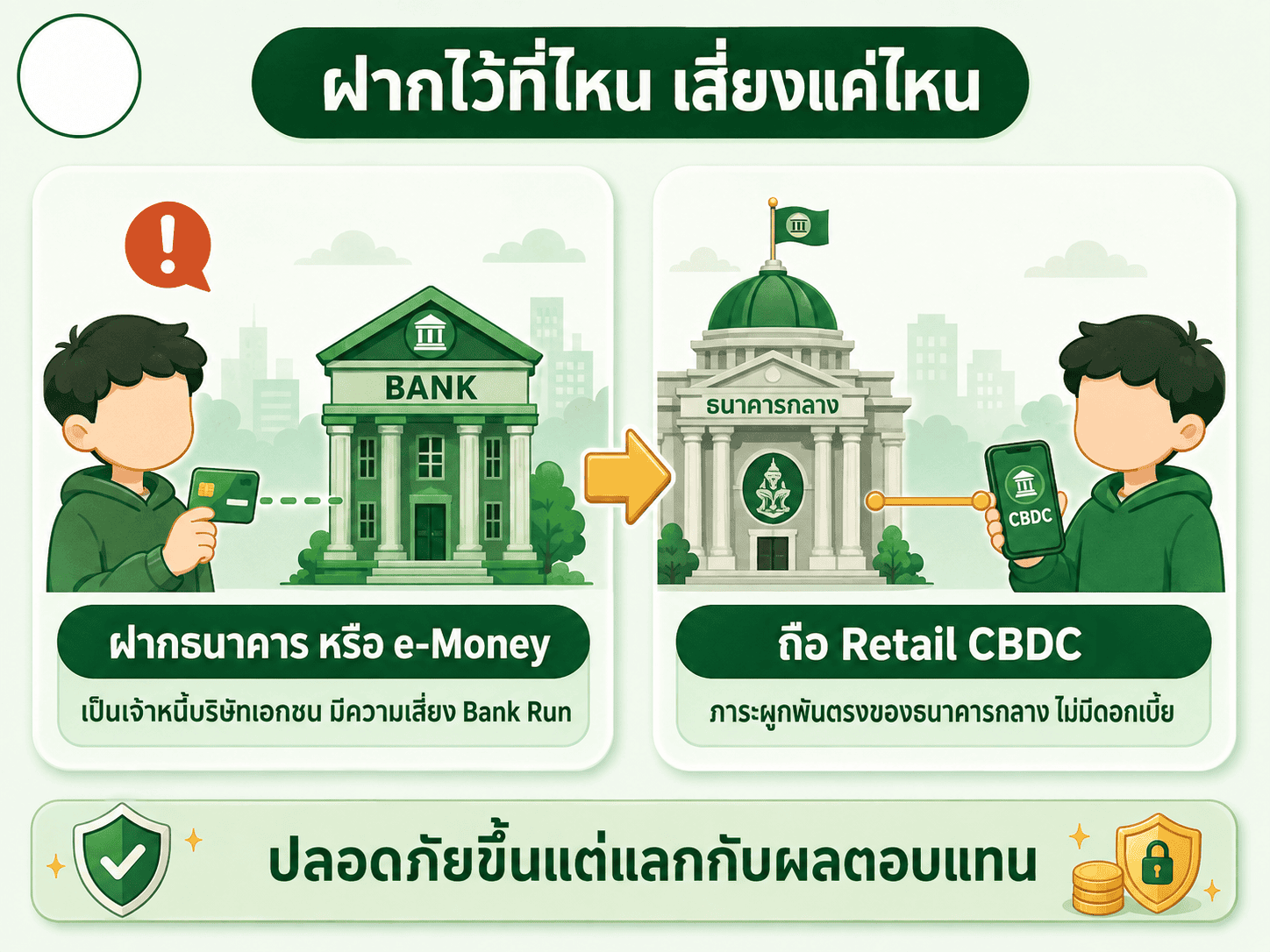 เทียบความเสี่ยงระหว่างการฝากเงินไว้กับธนาคารพาณิชย์หรือ e-Money กับการถือ Retail CBDC ที่เป็นภาระผูกพันตรงของธนาคารกลาง