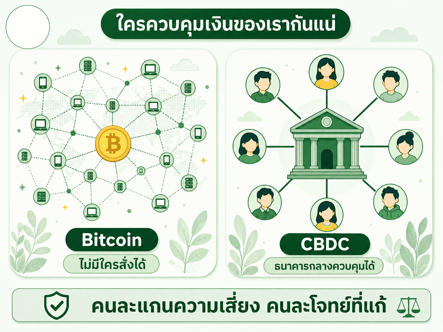 เทียบโครงสร้างอำนาจของ Bitcoin ที่กระจายศูนย์ไม่มีใครควบคุมได้ กับ CBDC ที่รวมศูนย์อยู่ที่ธนาคารกลางเจ้าเดียว เพื่อให้เห็นว่าทั้งสองแก้ปัญหาคนละเรื่องกัน