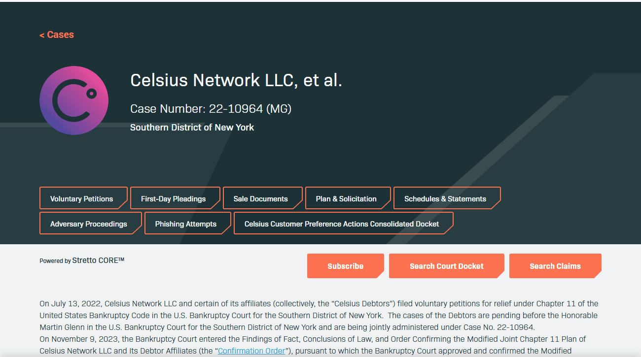 หน้าข้อมูลคดีล้มละลายของ Celsius Network