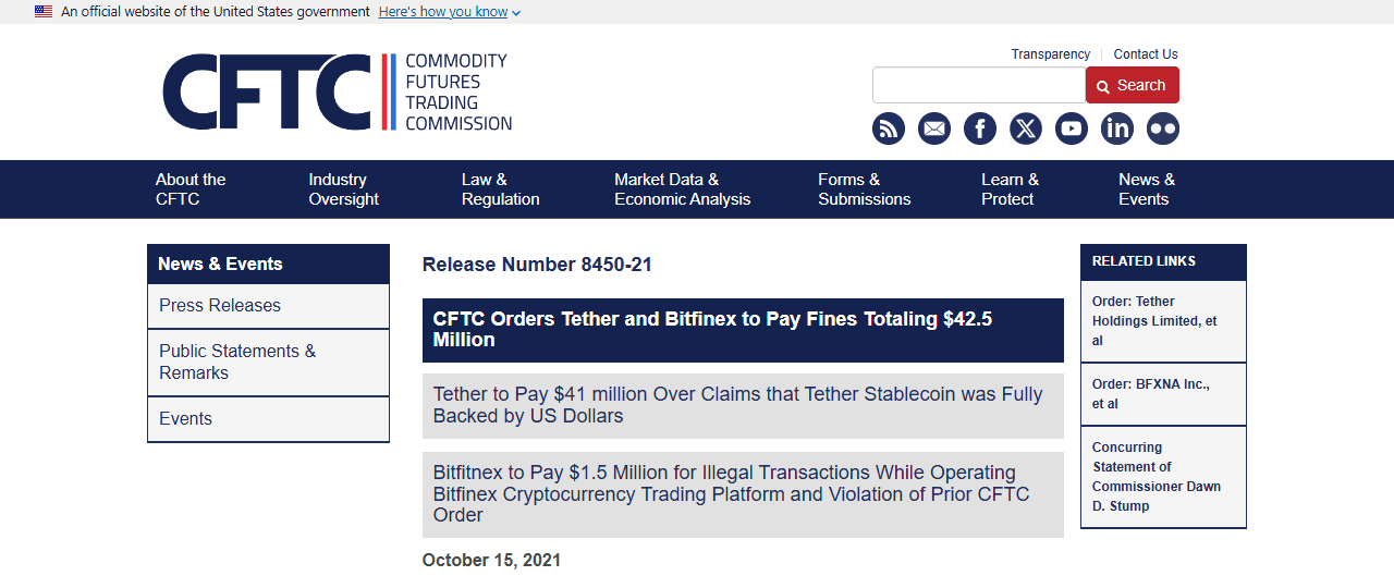 แถลงข่าวทางการของ CFTC เรื่องคำสั่งปรับ Tether และ Bitfinex รวม 42.5 ล้านดอลลาร์ ตุลาคม 2021