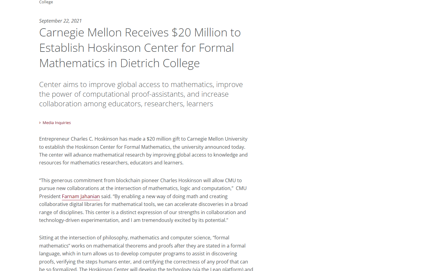 ข่าวมหาวิทยาลัย Carnegie Mellon รับเงินบริจาค 20 ล้านดอลลาร์จาก Hoskinson