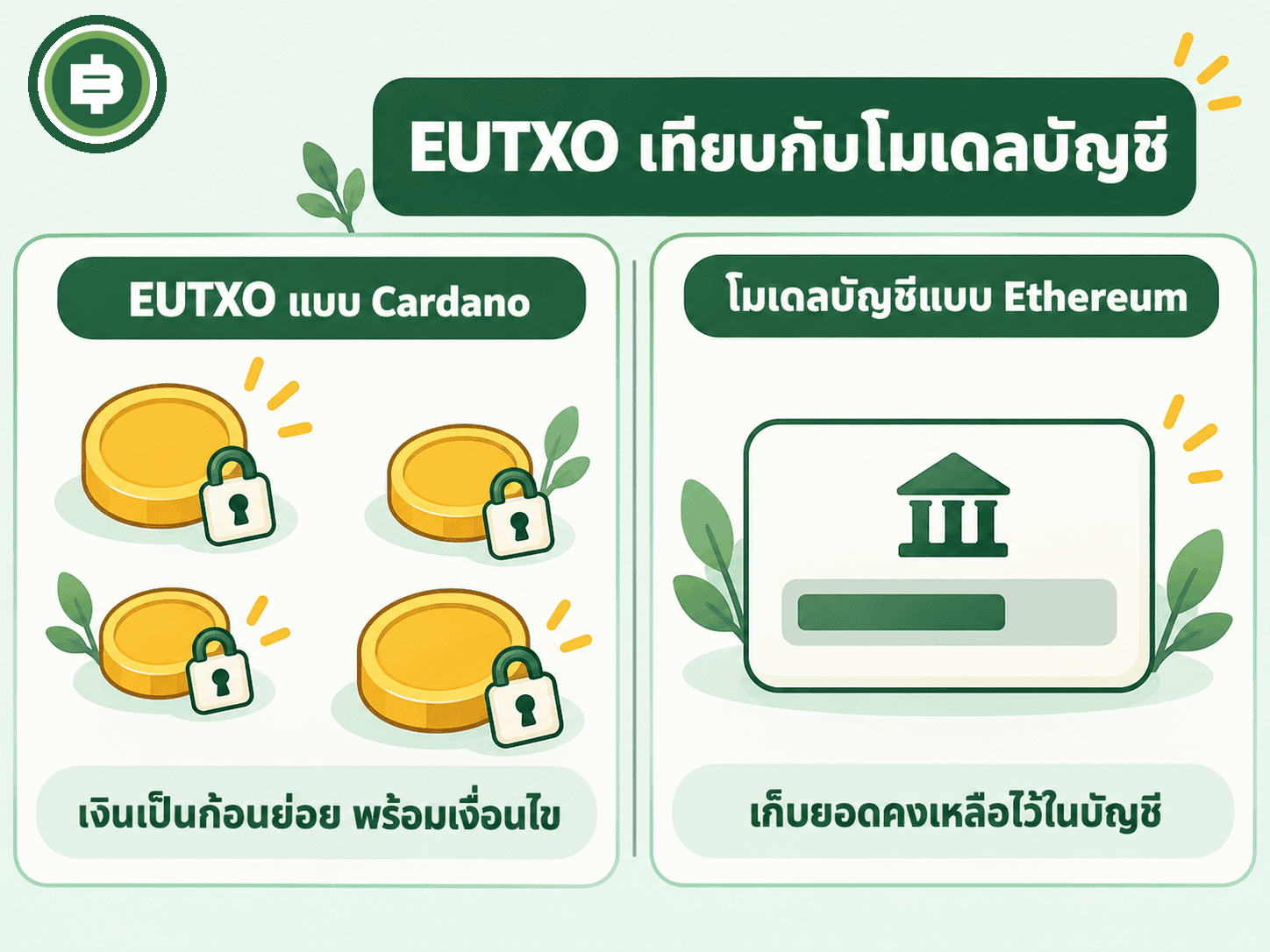 แผนภาพเทียบโมเดล EUTXO ของ Cardano กับโมเดลบัญชีแบบ Ethereum