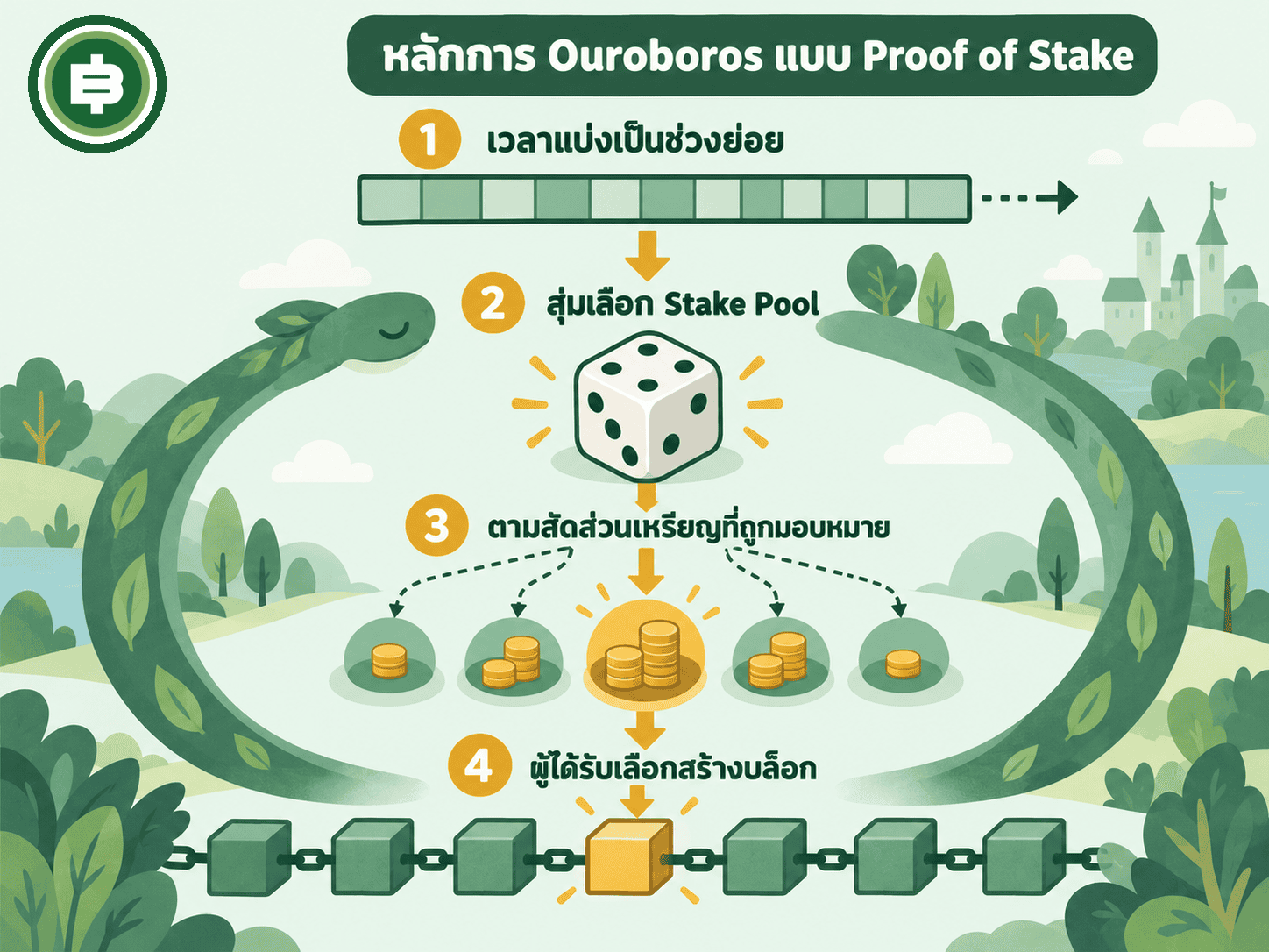 แผนภาพหลักการ Proof of Stake แบบ Ouroboros เวลาแบ่งเป็นช่วง และผู้ถือเหรียญถูกสุ่มเลือกเป็นผู้สร้างบล็อก