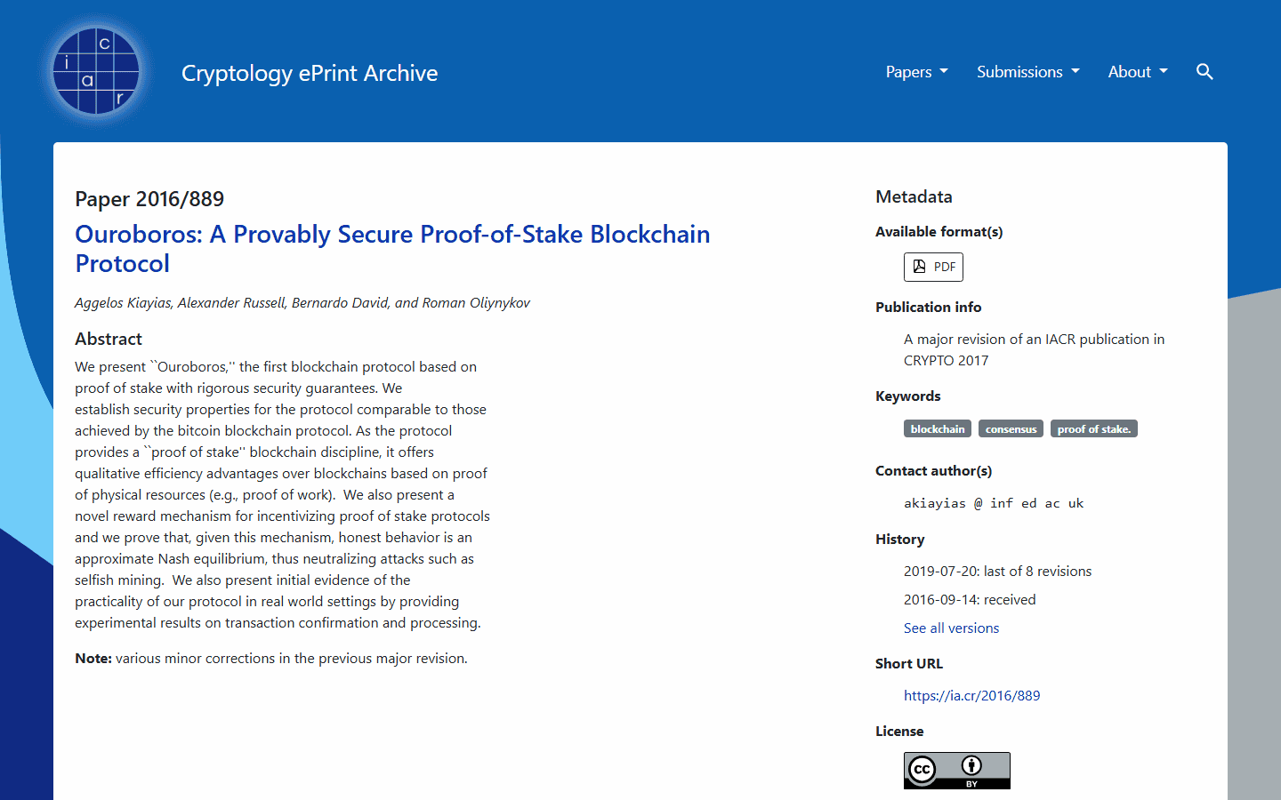หน้างานวิจัย Ouroboros บน Cryptology ePrint Archive
