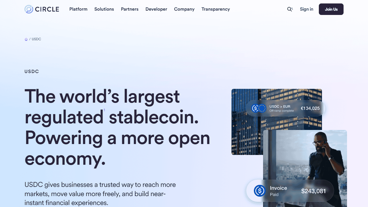 หน้าเว็บทางการของ Circle ผู้ออกเหรียญ USDC ระบุข้อความ The world's largest regulated stablecoin
