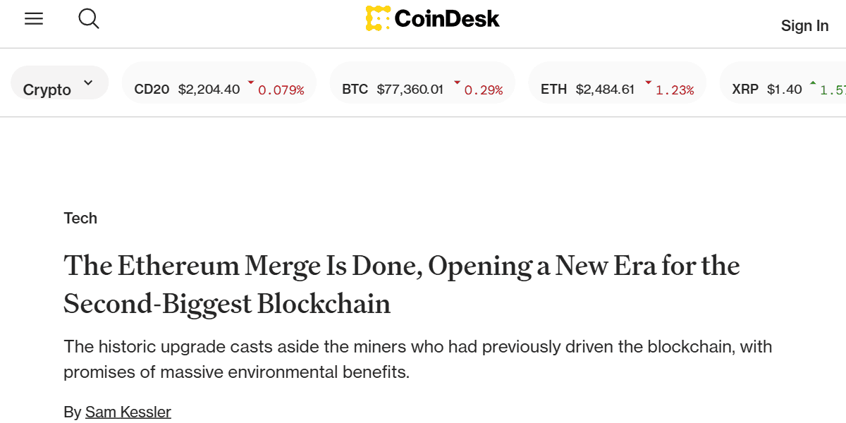 พาดหัวข่าว CoinDesk รายงานความสำเร็จของ The Merge เดือนกันยายน 2022