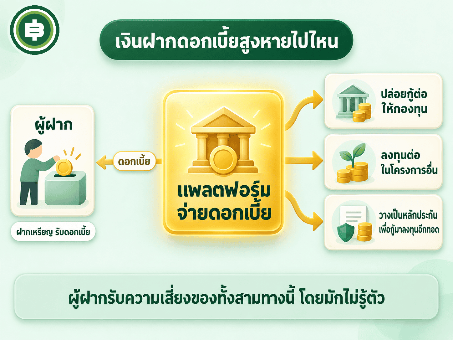 ไดอะแกรมเส้นทางของเงินฝากในแพลตฟอร์มที่จ่ายดอกเบี้ยจากคริปโต
