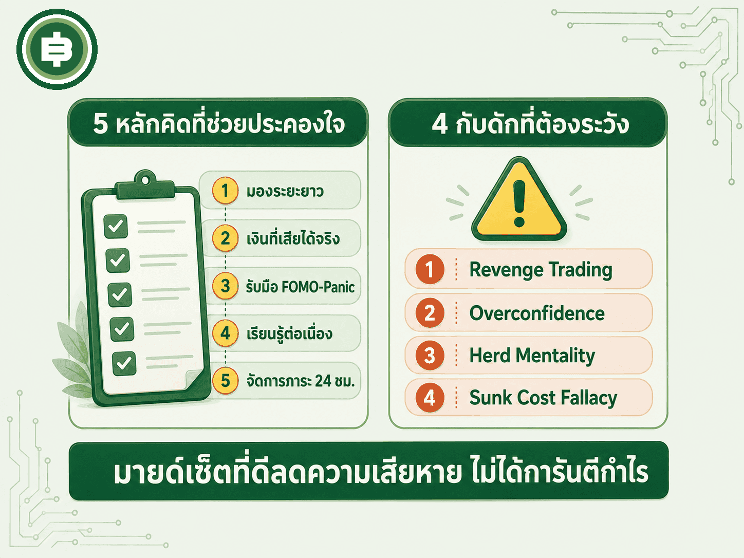 สรุปภาพรวม 5 หลักคิดที่ช่วยประคองใจและ 4 กับดักทางจิตวิทยาที่พบบ่อยที่สุดในการลงทุนคริปโต