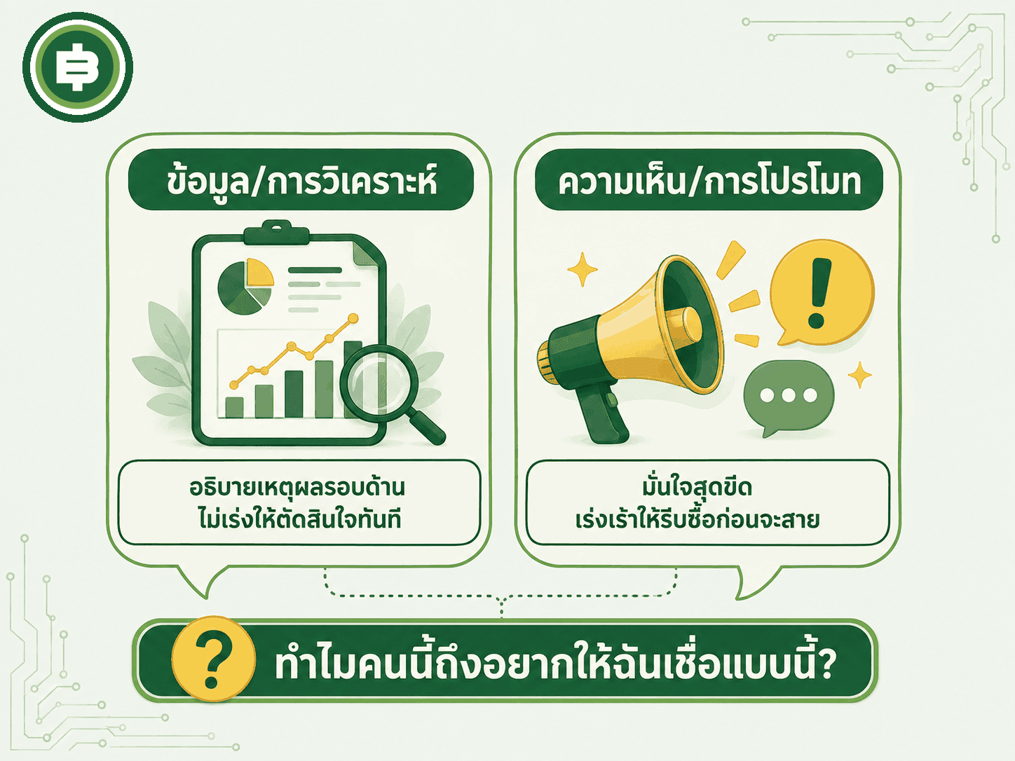 แยกความต่างระหว่างข้อมูลเชิงวิเคราะห์กับความเห็นที่มาพร้อมการโปรโมท และคำถามที่ควรถามก่อนเชื่อข้อมูลที่เร่งเร้า