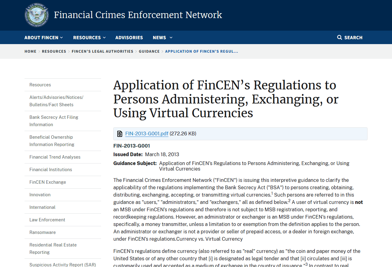 หน้าเอกสาร FIN-2013-G001 บนเว็บ FinCEN ระบุวันที่ออก 18 มีนาคม 2013 เรื่องการใช้กฎ FinCEN กับผู้ให้บริการเงินเสมือน